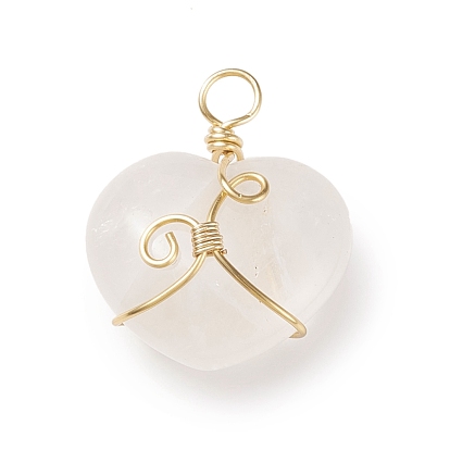 Natural Gemstone Pendants, with Eco-Friendly Light Gold Tone Copper Wire Wrapped, Heart Charm