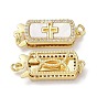 Rack Plating Brass Micro Pave Clear Cubic Zirconia Box Clasps, with Natural Shell, 1-Strand, 2-Hole, Long-Lasting Plated, Lead Free & Cadmium Free, Rectangle with Cross