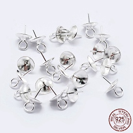 925 Sterling Silver Cup Pearl Bail Pin Pendants, For Half Drilled Beads