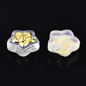 Perles de verre peintes par pulvérisation transparent, avec de la poudre scintillante et des apprêts en laiton plaqué or, couleur ab , étoile avec des fleurs