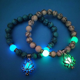 Synthetic Turquoise Round Beaded Stretch Bracelet with Lotus Charms, Luminous Glow in the Dark Bracelet
