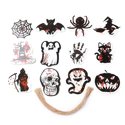 12 styles étiquettes en papier thème halloween, avec une corde de chanvre, étiquettes cadeaux étiquettes suspendues pour la décoration d'halloween