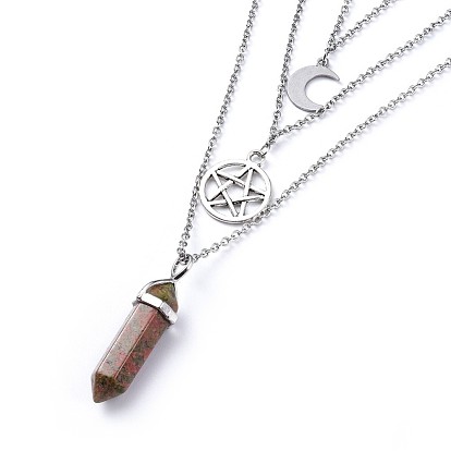 Bullet Alloy Gemstone Pendant Tiered Necklaces, with Flat Round Tibetan Style Pendants and 304 Stainless Steel Findings, Packing Box