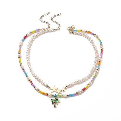 2 pcs 2 styles ensemble de colliers pendentif arbre et étoile en alliage émaillé, colliers empilables de perles naturelles et de graines de verre pour femmes