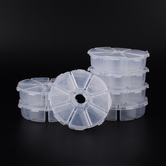 Conteneurs de perle plastique, flip top stockage de perles, 8 compartiments, plat rond, 10.5x10.5x2.8 cm