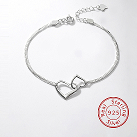 925 bracelets chaîne à double maillons en argent sterling, bracelets coeur pour femme