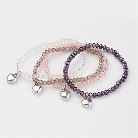 Glass Beads Stretch Bracelets, with Alloy Heart Charms
