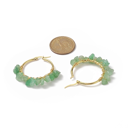 Gemstone Chips Beaded Hoop Earrings, Golden 304 Stainless Steel Wire Wrap Jewelry for Women