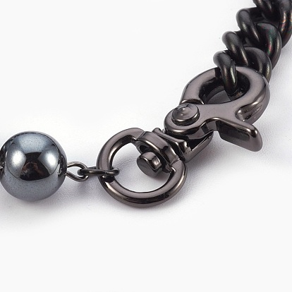 Bracelets en perles d'hématite synthétiques non magnétiques pour hommes, avec mousqueton à crochet en alliage de zinc et chaînes à maillon en acier inoxydable 304