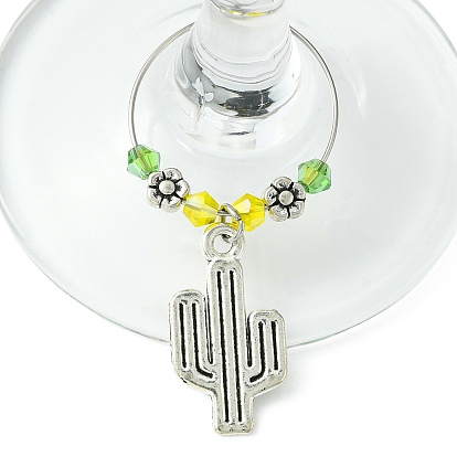 Breloques en verre de vin de cactus en alliage de style tibétain, avec des perles de verre et des anneaux de charme en verre à vin en laiton