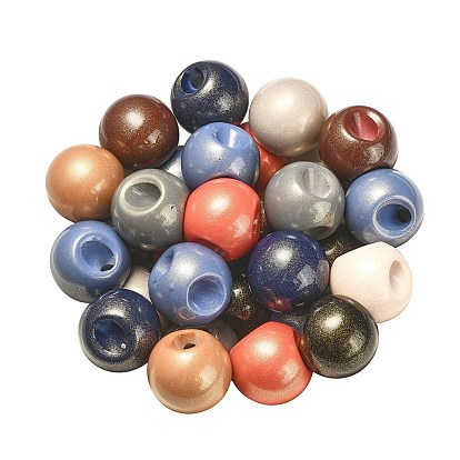 Placage uv perles européennes acryliques opaques, Perles avec un grand trou   , avec de la poudre d'or, ronde