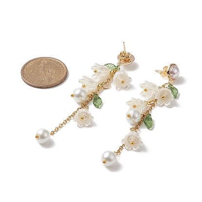 Boucles d'oreilles pendantes en plastique et perles de verre abs fleur, boucles d'oreilles pompon chaîne en laiton doré pour femme
