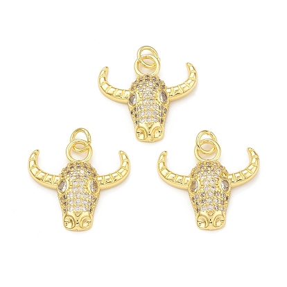 Rack Plating Brass Micro Pave Cubic Zirconia Pendants, with Jump Ring, Cadmium Free & Lead Free, Long-Lasting Plated, Cattle Head Charm