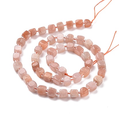Natural Peach Moonstone Beads Strands, with Seed Beads, Square
