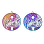 Ion Plating(IP) 201 Stainless Steel Filigree Pendants, Etched Metal Embellishments, Flat Round with Landscape Pattern