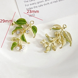 Alloy Enamel Pendants, with Rhinestone and Plastic Imitation Pearl Beads, Leafy Branch Charms