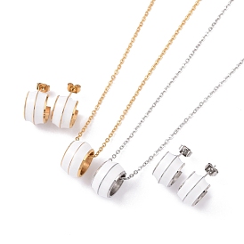 White Enamel Column Stud Earrings and Pendant Necklace, 304 Stainless Steel Jewelry Set for Women