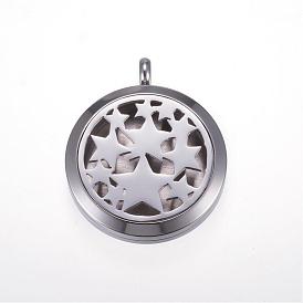 304 Stainless Steel Diffuser Locket Pendants, with Magnetic Clasp, Flat Round with Star
