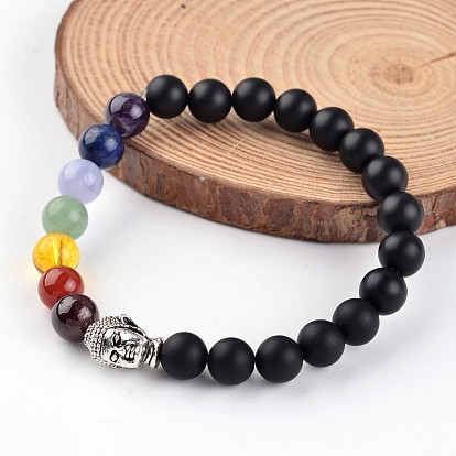 Buddha Head Natural Black Agate(Dyed) Beaded Chakra Stretch Bracelets, with Gemstone Beads and Tibetan Style Alloy Beads
