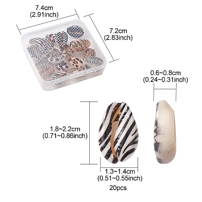 Perles de coquillage cauri naturel imprimées, pas de trous / non percés, tartan/imprimé léopard/motif zébré