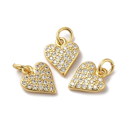 Rack Plating Brass Micro Pave Clear Cubic Zirconia Charms, with Jump Ring, Long-Lasting Plated, Lead Free & Cadmium Free, Heart Charm