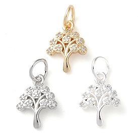 Rack Plating Brass Micro Pave Clear Cubic Zirconia Charms, Long-Lasting Plated, with Jump Rings, Tree