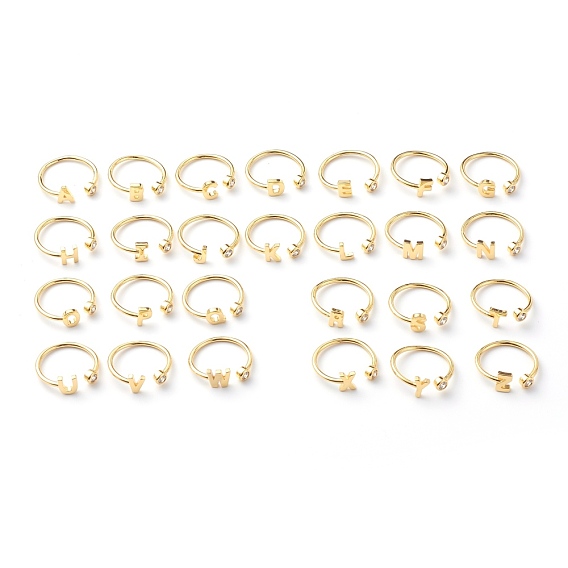 Brass Micro Pave Clear Cubic Zirconia Cuff Rings, Open Rings, Long-Lasting Plated, Alphabet, Letter A~Z