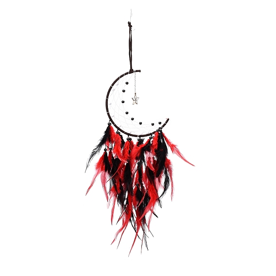 Red/web tejida de luna con decoración colgante de plumas, decoración para colgar en la pared con borlas, para el hogar dormitorio coche adornos regalo de cumpleaños