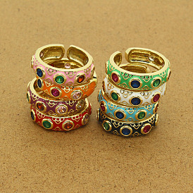 Colorful Ethnic Style Zircon Flower Ring with Vintage Charm and Oil Drop Design