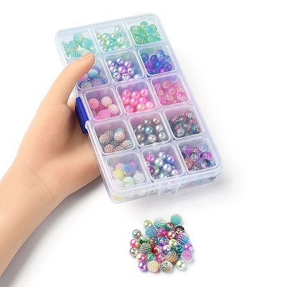 385 pcs 15 style plastique ABS imitation perle et perles acryliques craquelées transparentes, ronde