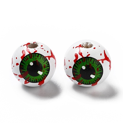 Halloween Spray Painted Wood Beads, Round with Green Bloody Eyes Pattern