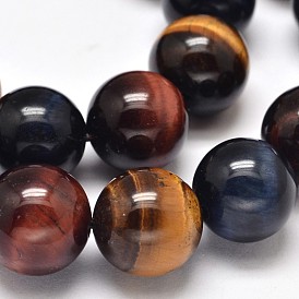 Natural Tiger Eye Beads Strands, with Blue & Red Tiger Eye(Dyed & Heated), Above Grade A, Round