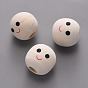 Maple Wood European Beads, Printed, Large Hole Beads, Undyed, Round with Smiling Face