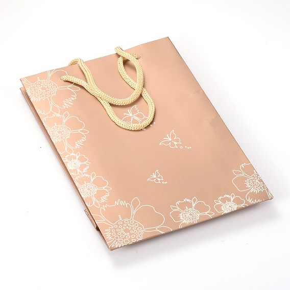 Sacs en papier carton rectangle fleur et papillon, sacs-cadeaux, sacs à provisions, avec poignées en corde de nylon