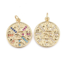 Brass Micro Pave Cubic Zirconia Pendants, with Jump Ring, Flat Round with Snake, Golden