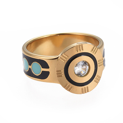 Anillos de dedo de acero inoxidable 304 unisex, anillos de banda ancha, con diamantes de imitación de cristal, esmalte, plano y redondo