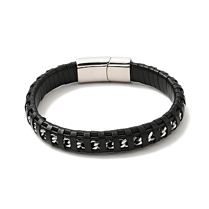 Black Leather & 304 Stainless Steel Rope Braided Cord Bracelet Magnetic Clasp for Men Women