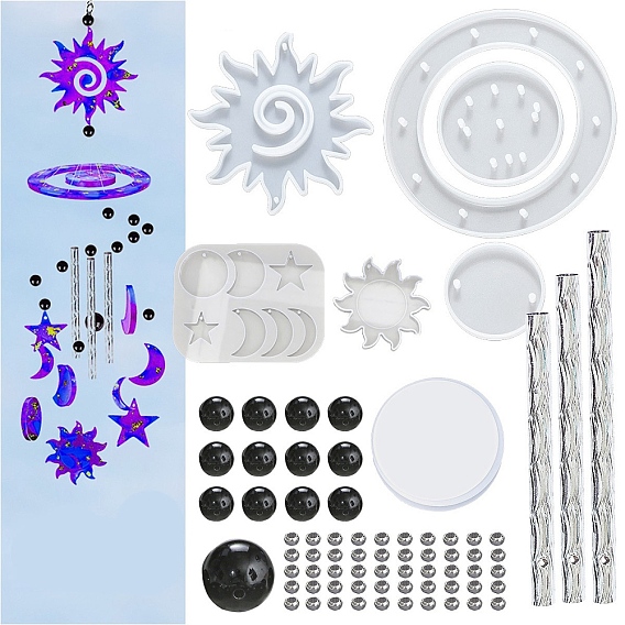 DIY Sun & Moon & Star Wind Chime Making Kits, including 5Pcs Silicone Molds, 13Pcs Plastic Beads, 1Pc Stainless Steel S Hooks, 1 Roll Crystal Thread, 3Pcs Round Tubes