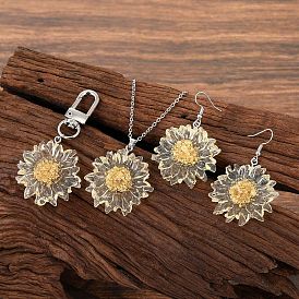 Chic Daisy Jewelry Set: Earrings, Necklace, Keychain & Keyring with Dried Flowers