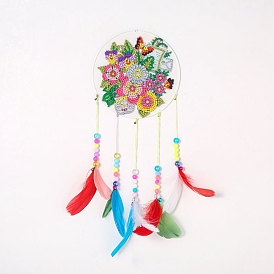 DIY Diamond Painting Hanging Woven Net/Web with Feather Pendant Kits, Including Acrylic Plate, Pen, Tray, Feather and Bells, Wind Chime Crafts for Home Decoration