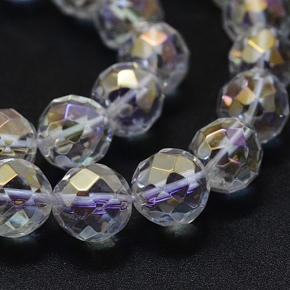Electroplated Natural Quartz Crystal Beads Strands, AB color Plated, Faceted, Round
