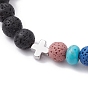 Natural Lava Rock & Synthetic Turquoise Beaded Stretch Bracelets, Brass Cross Skull Bracelet for Women