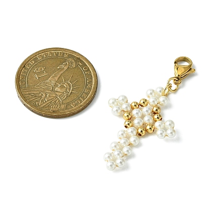 Cross & Anchor Shell Pearl & Brass Beaded Pendant Decoration, with 304 Stainless Steel Lobster Claw Clasps