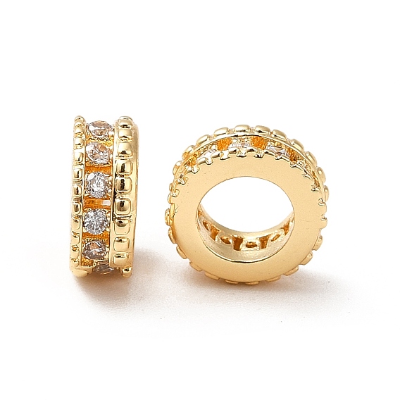 Brass Micro Pave Cubic Zirconia European Beads, Large Hole Beads, Real 18K Gold Plated, Flat Round