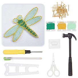 Dragonfly Winding Drawing Sets, Including Screwdriver, Hammer, Density Board, Pen, Plastic Holder Accessories, Iron Nails & Screws, Scissor, Polyester Thread