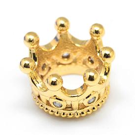 Rack Plating Brass Micro Pave Cubic Zirconia Beads, Crown, Large Hole Beads, Long-Lasting Plated