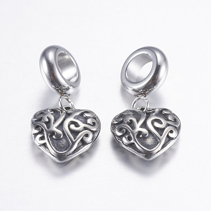 304 Stainless Steel European Dangle Charms, Heart, Large Hole Pendants