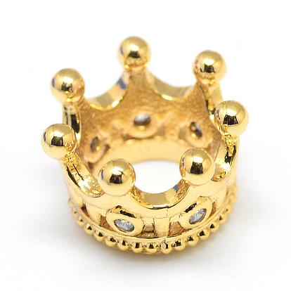 Rack Plating Brass Micro Pave Cubic Zirconia Beads, Crown, Large Hole Beads, Long-Lasting Plated