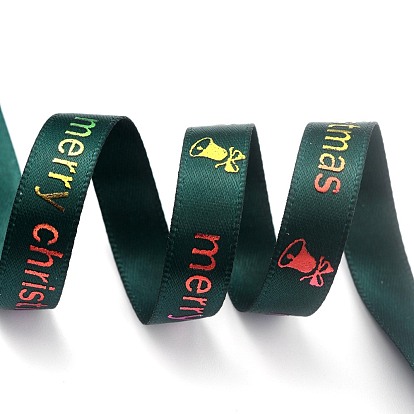 Polyester Ribbon, Single Face Printed Ribbon, Word Merry Christmas Pattern, for Christmas Gift Wrapping, Party Decorate