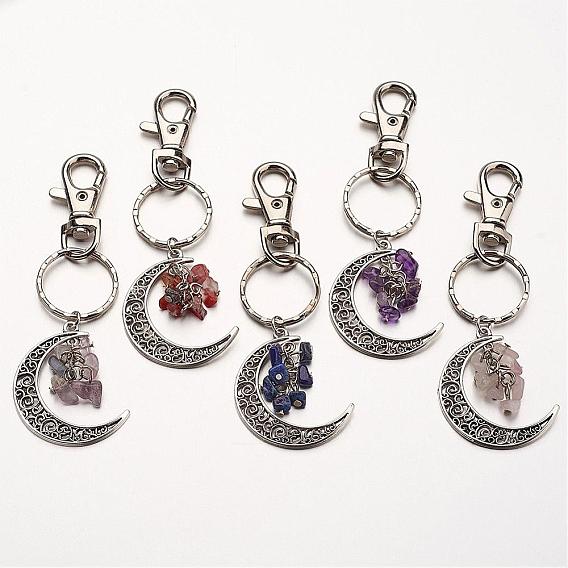 Natural Gemstone Pendant Keychain, with Alloy Pendants, Iron Rings and Alloy Keychain Findings, Moon